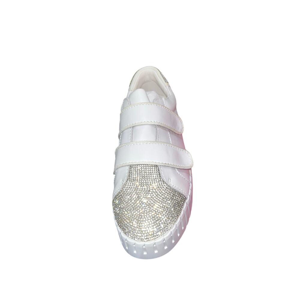 Women's Bernie Mev Odell Leather Sneaker White Rhinestones Memory Foam Sz 38/7